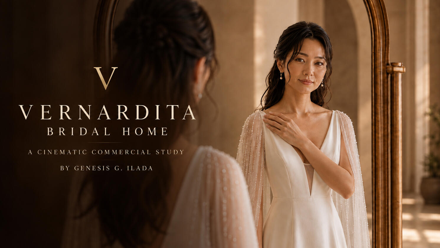 Vernardita Bridal Home cinematic commercial study title card showing a bride in an ivory gown quietly meeting her reflection in a warm, elegant mirror.