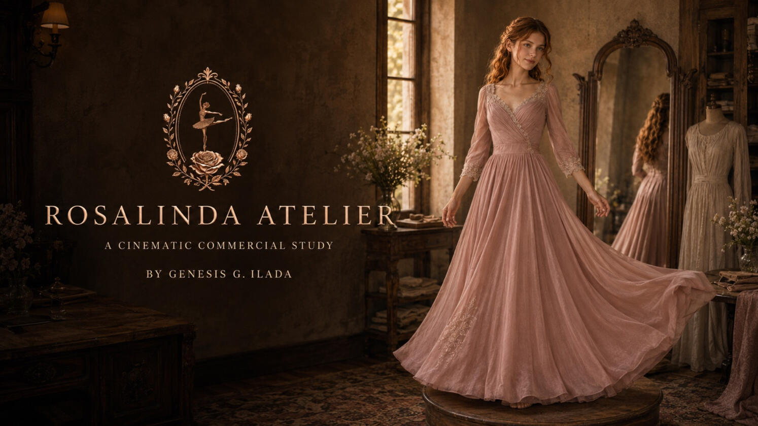 A cinematic study of an atelier where listening precedes design and every garment becomes a mirror of essence. Rosalinda Atelier cinematic commercial study title card showing a young woman in a flowing muted-pink gown inside a warmly lit dressmaking atelier.