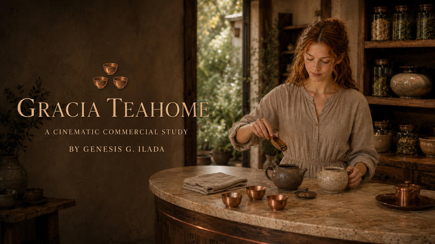 The Gracia Teahome cinematic commercial study title card showing a woman preparing tea in a warmly lit, rustic teahome.