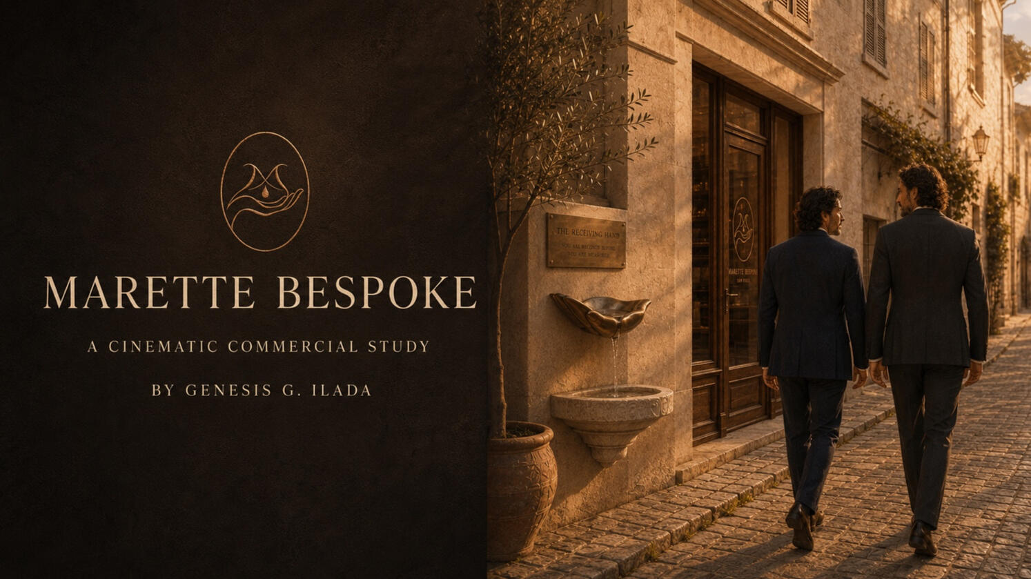 Marette Bespoke cinematic commercial study title card showing two men approaching a warmly lit bespoke atelier along a cobblestone street.