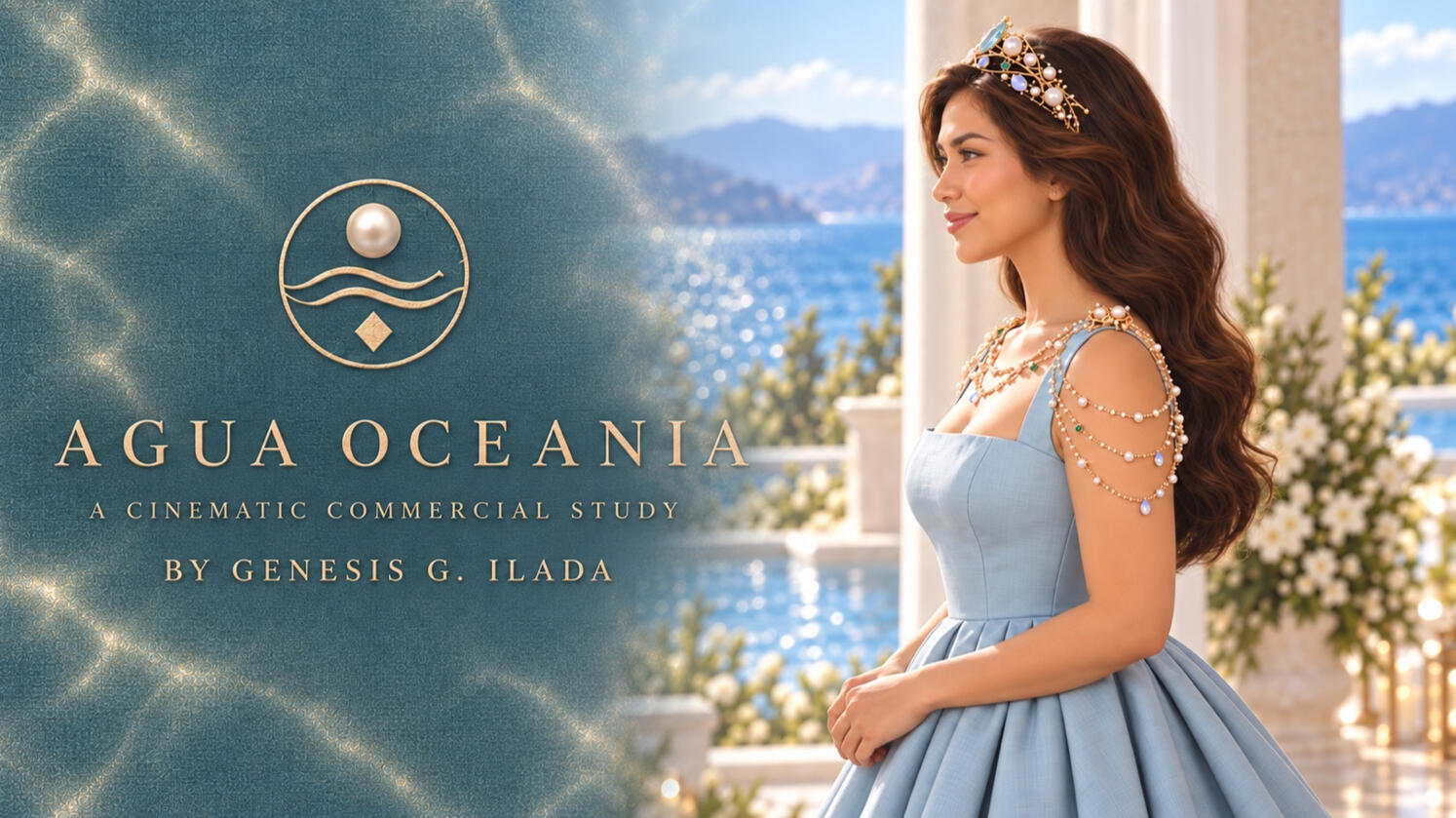 Agua Oceania title card featuring a young Filipina debutante wearing a pearl-and-gemstone crown and powder-blue gown.