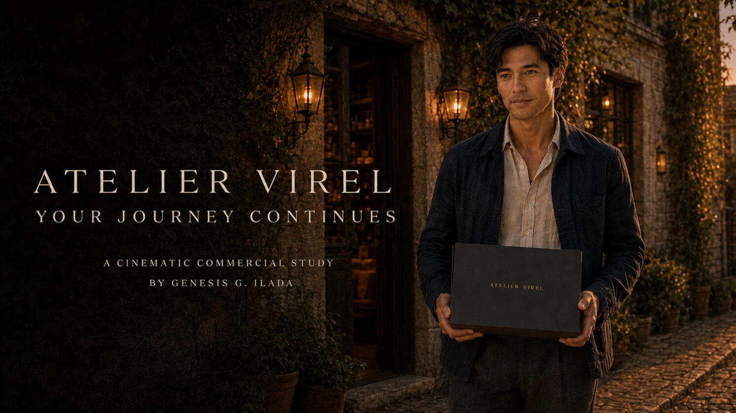 A cinematic study of shoemaking where every pair honors the life already walked and accompanies the journey still unfolding. Atelier Virel cinematic commercial study title card showing a man holding a shoebox outside a warmly illuminated, ivy-covered atelier.