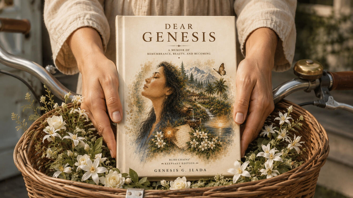 Dear Genesis Keepsake Edition displayed in a flower-filled wicker bicycle basket and held in warm natural light.