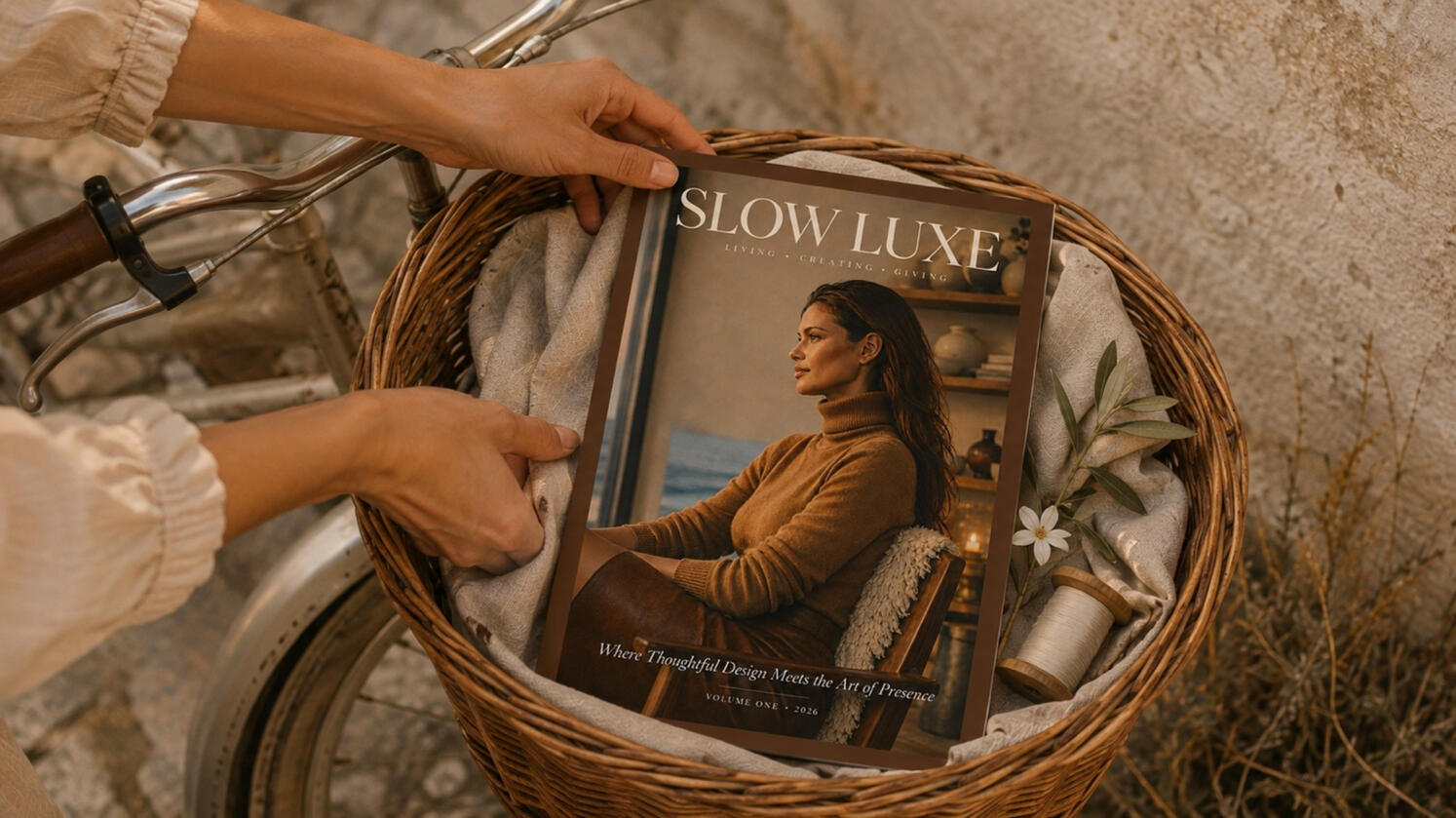 The Founder’s Issue of Slow Luxe Studio Magazine arranged with linen and botanical details in a wicker bicycle basket.