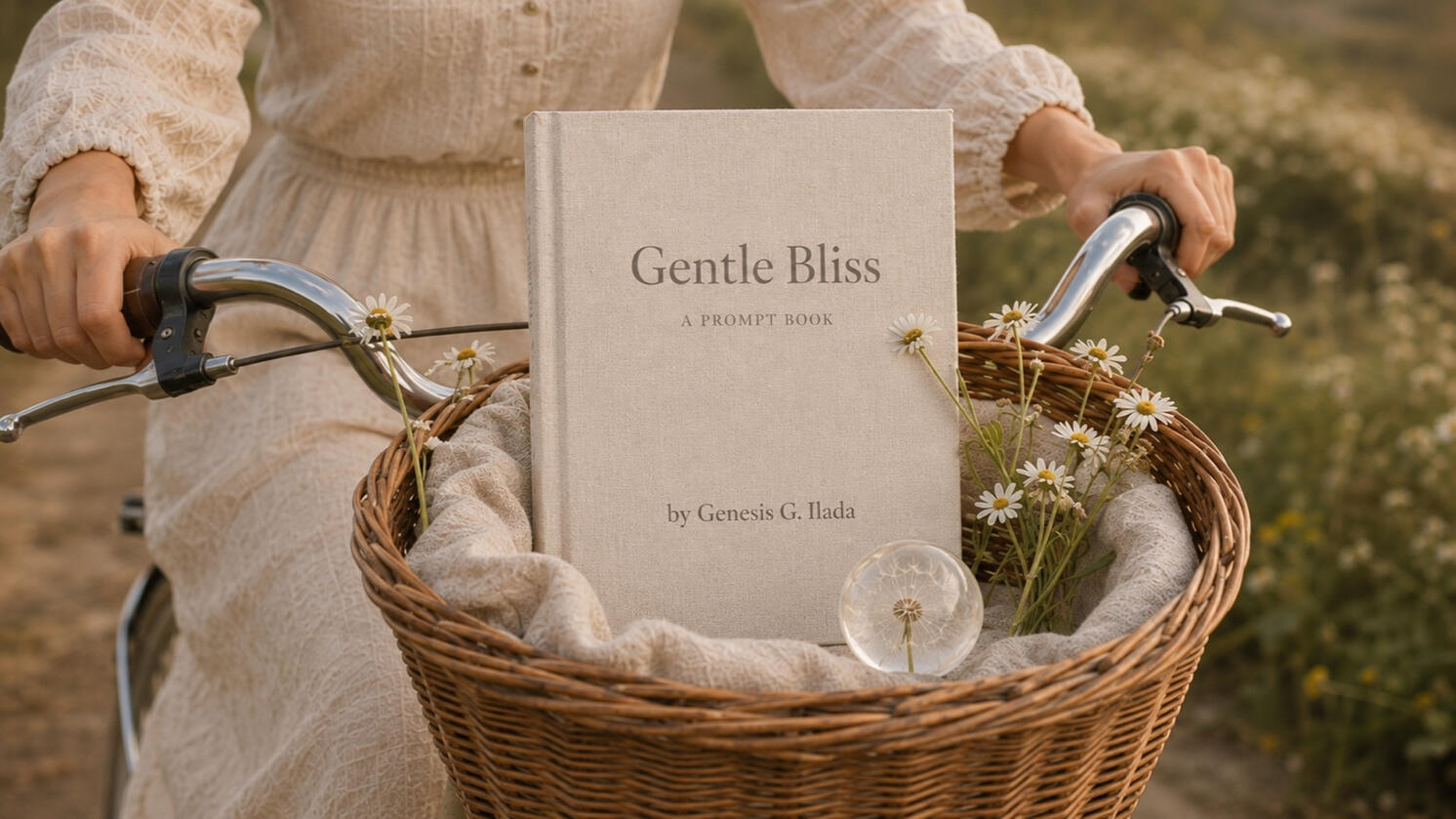 Gentle Bliss prompt book displayed with daisies, cream linen, and a glass dandelion keepsake in a wicker bicycle basket.