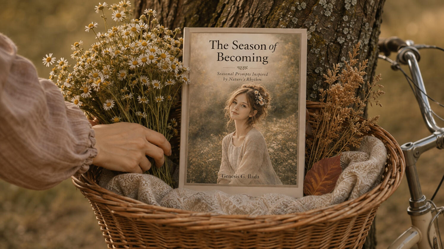 The Season of Becoming displayed beside a tree with gathered daisies, patterned linen, and a vintage bicycle basket.