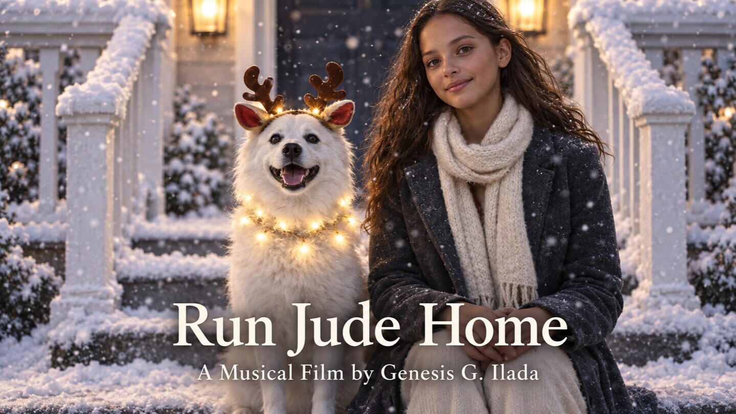 Young woman sits beside a joyful white dog wearing illuminated reindeer antlers in a snow-covered garden; title reads “Run Jude Home.”