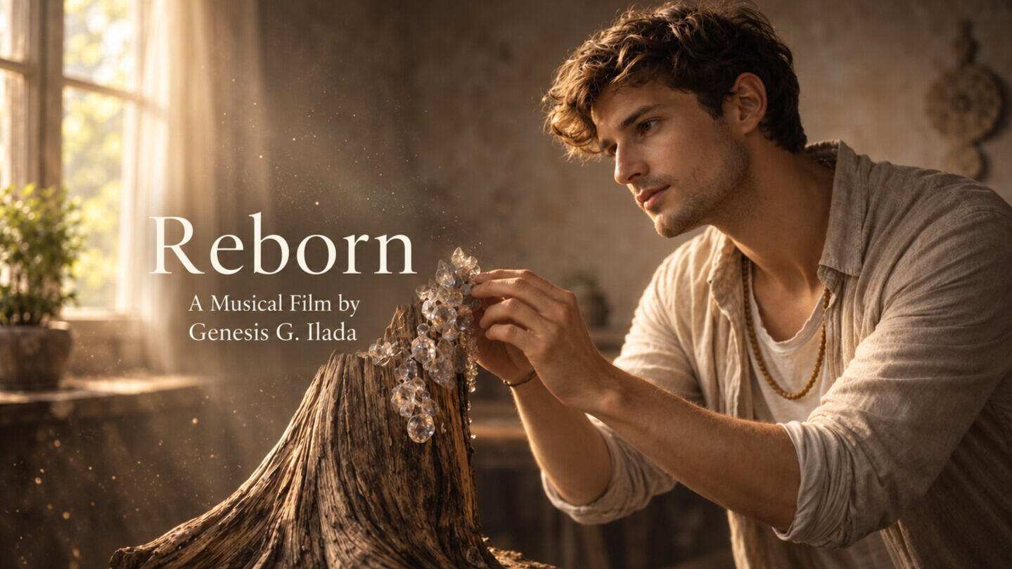 Young man gently touches translucent crystals growing from a weathered tree stump in a warmly illuminated room; title reads “Reborn.”