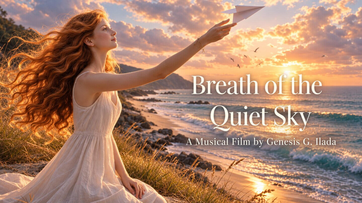Red-haired woman in a flowing ivory dress releases a white paper bird above the ocean at sunset; title reads “Breath of the Quiet Sky.”