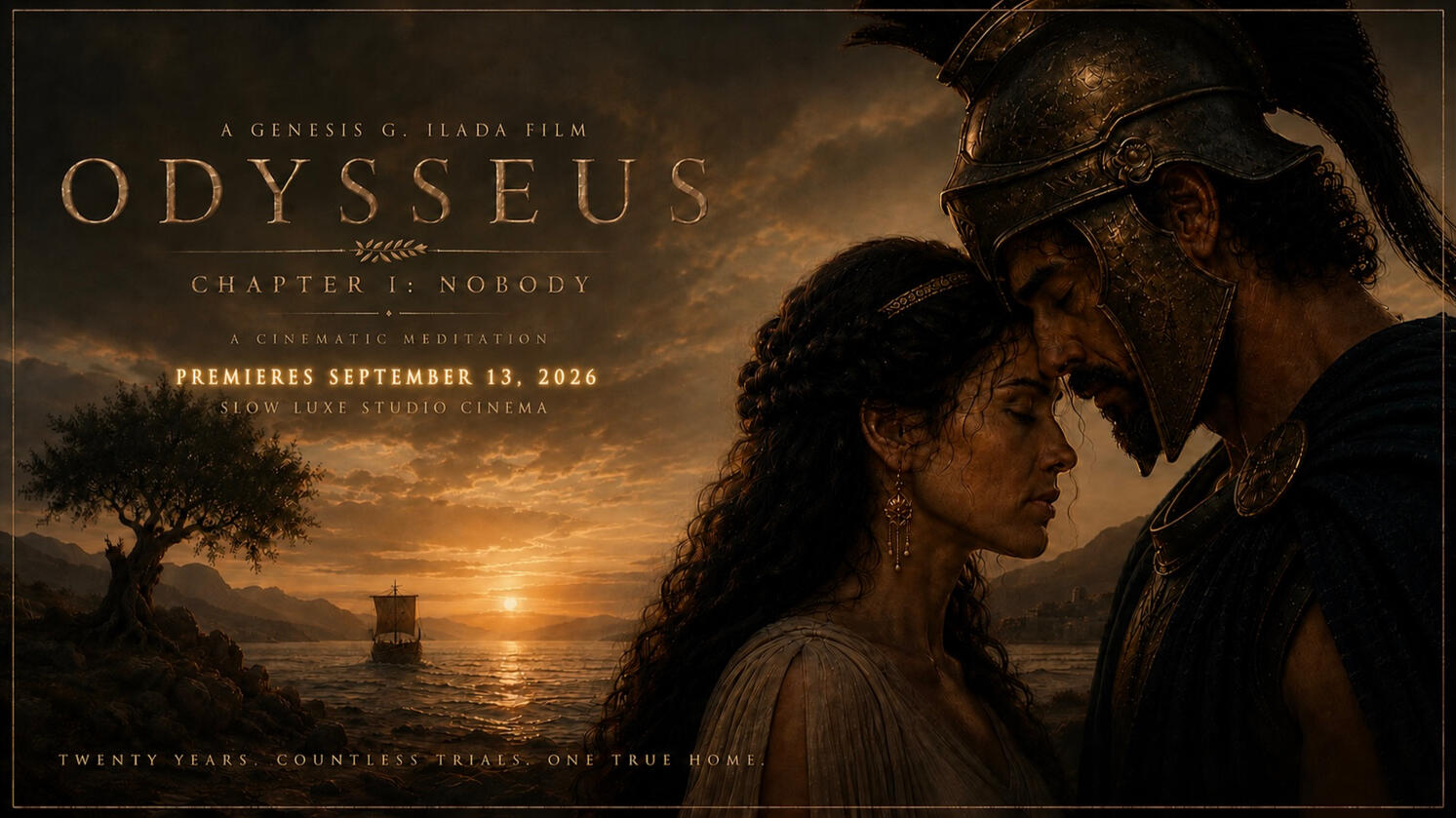 Odysseus in bronze armor rests his forehead against Penelope’s beside a darkening sea at sunset; title card announces “Odysseus: Chapter I — Nobody,” premiering September 13, 2026.