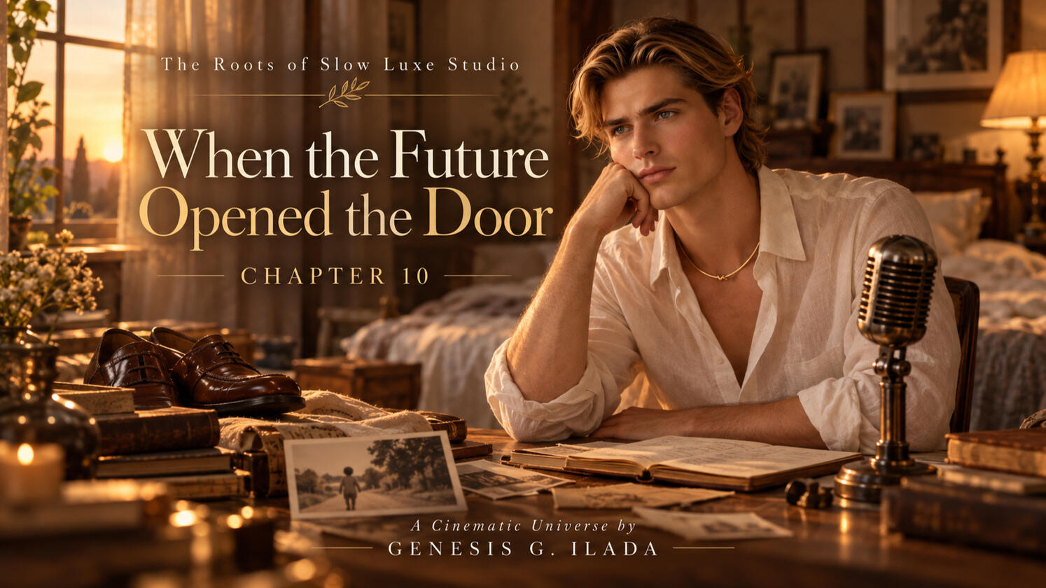 Adult Lysander sits in a warm, sunlit room beside a vintage microphone, surrounded by books, papers, childhood photographs, and a pair of brown shoes, reflecting on memory and the passage of time.