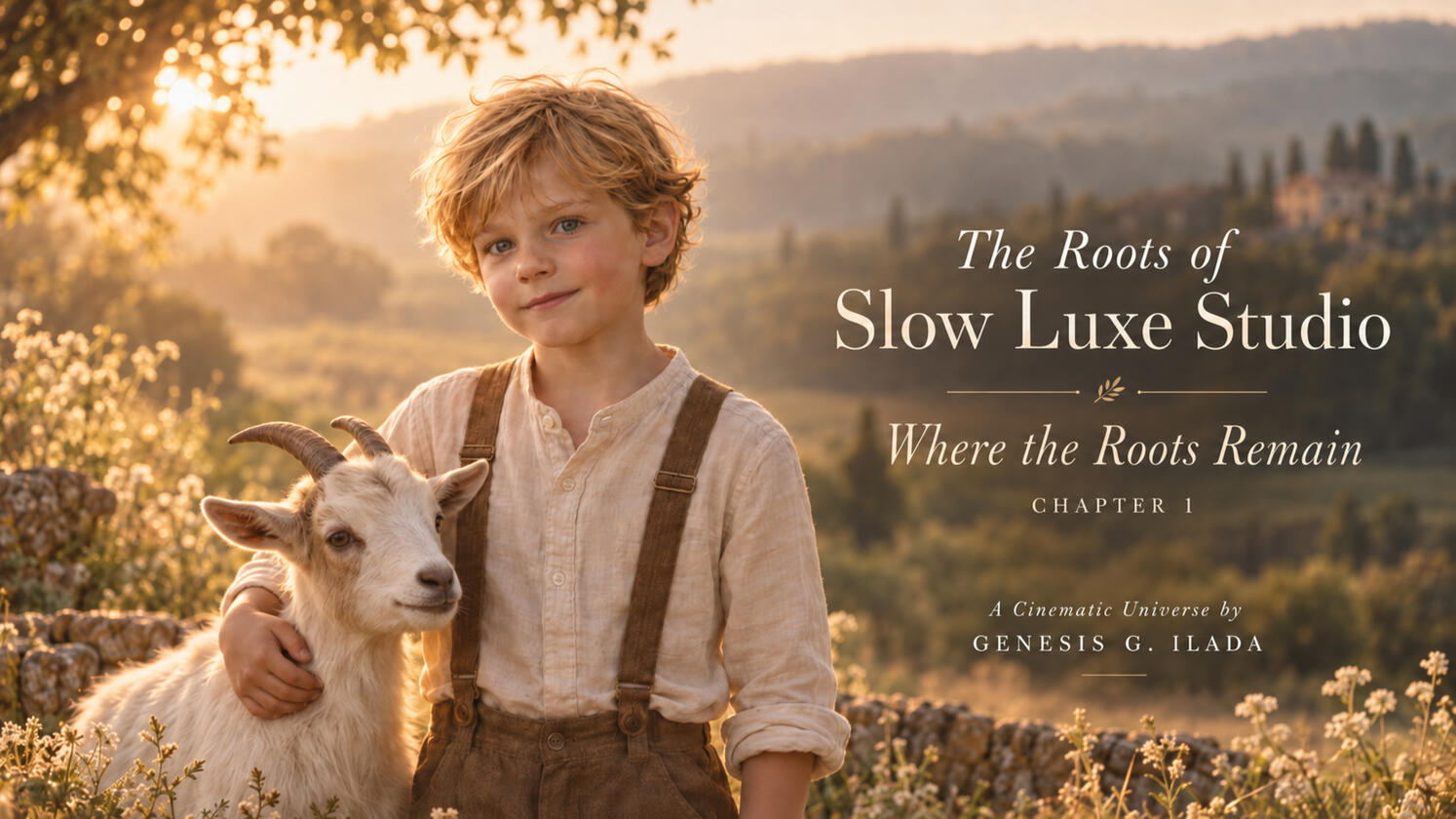 Young Lysander stands outdoors at golden hour beside a white billy goat, wearing a cream linen shirt and brown suspenders, with a warm pastoral landscape behind him.